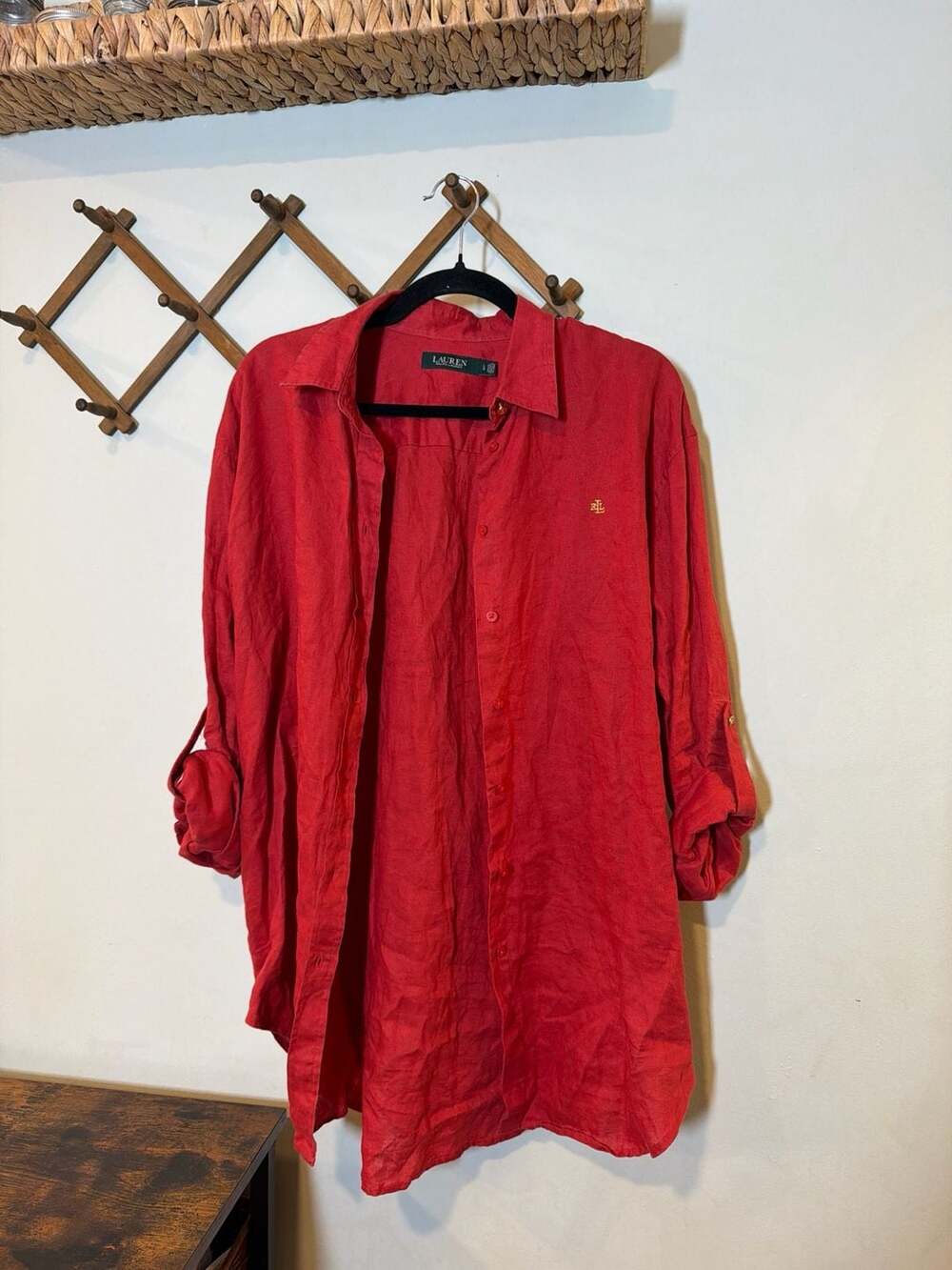 Lauren Ralph Lauren Red 100% Linen Roll-Tab Sleeve Button Down Shirt, Size LG